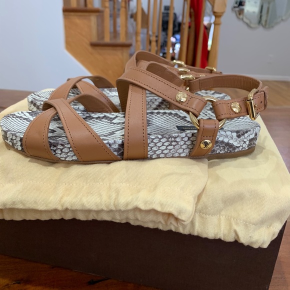 Louis Vuitton Python Sandals tan brown 36 6 snakeskin leather LV gold logo strap - Picture 10 of 16